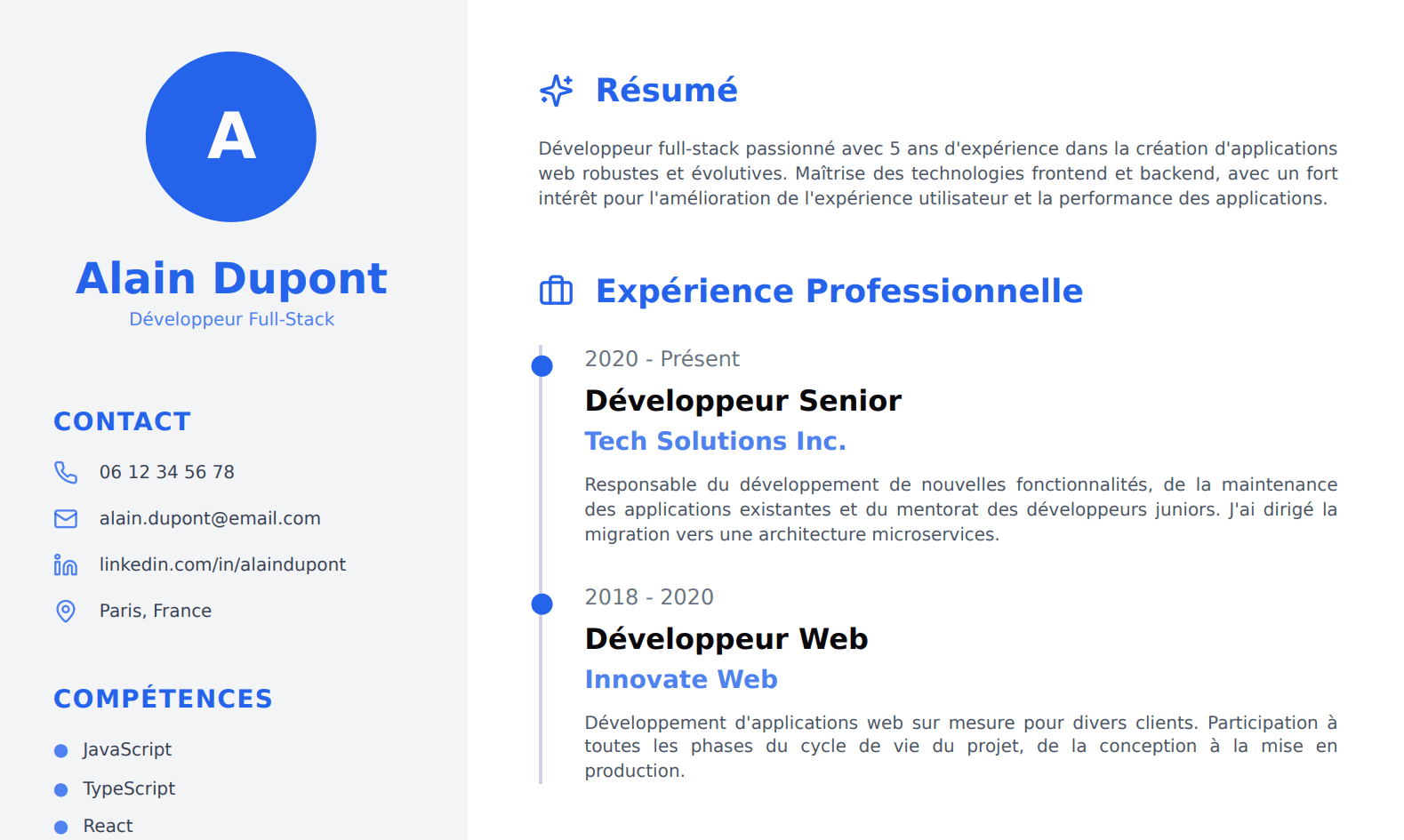 Aperçu de l'éditeur de CV